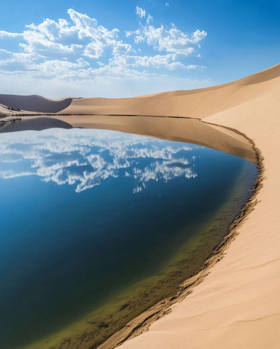 沙坡头沙漠湖泊 - 沙漠中的水景